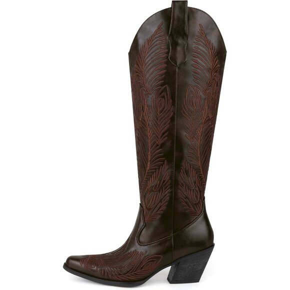 ⚡Women's Brown Knee High Cowgirl Boots with Retro Floral Embroidered Chunky Heel - Picture 2 of 6